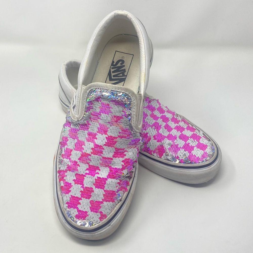 Vans Checkered Sequin Silver Flip Glitter Slip On Sneakers Women’s Size 8.5